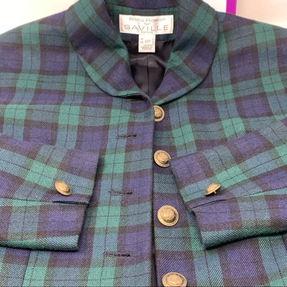 Y2K Rena Rowan Saville Wool Blend Tartan Plaid Blazer Brass Buttons Size 10P